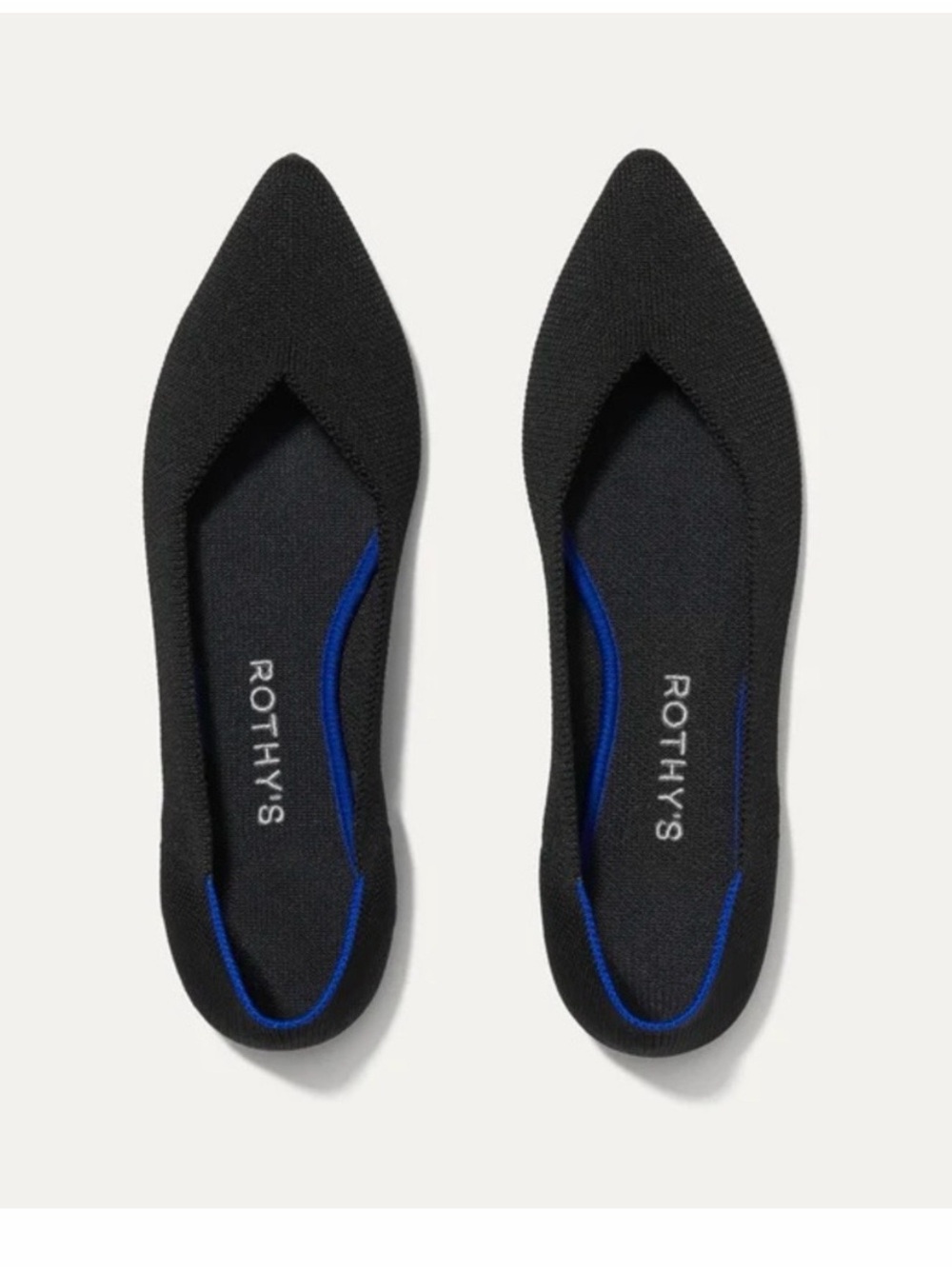 Rothy's Black Pointed Knit Flats with Blue Trim